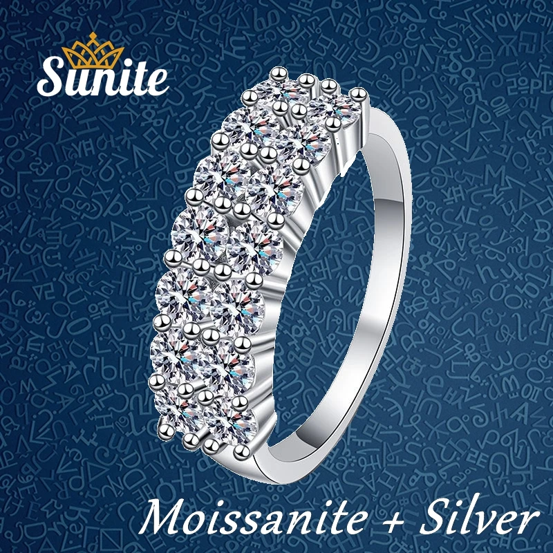 

Sunite Total 1.4ct Moissanite Diamond Double Row Ring for Women 925 Sterling Silver White Gold Plated Wedding Promise Band Lover
