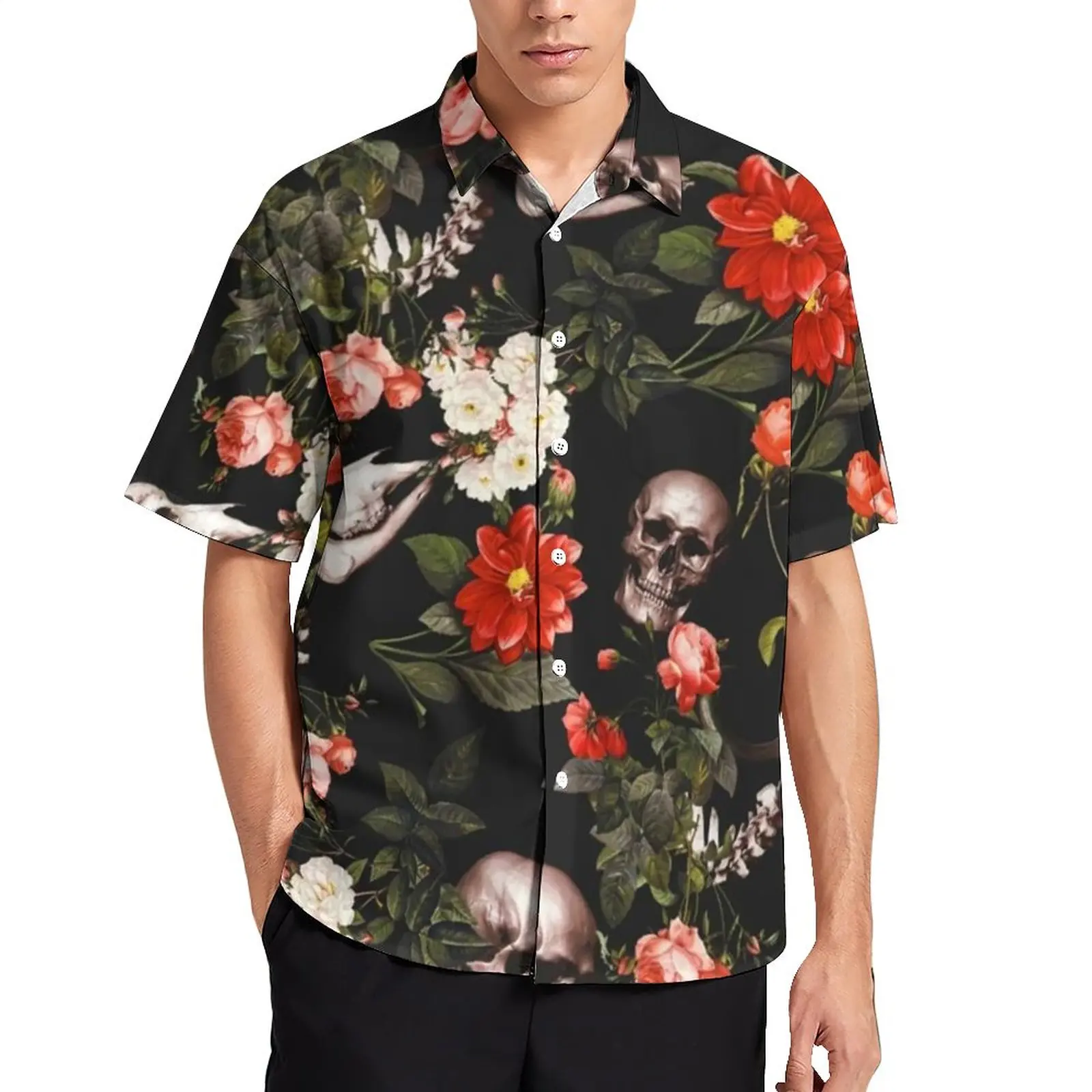 

Skull Pattern Casual Shirt Garden Floral Print Beach Loose Shirt Hawaiian Fashion Blouses Short Sleeve Design Oversize Top