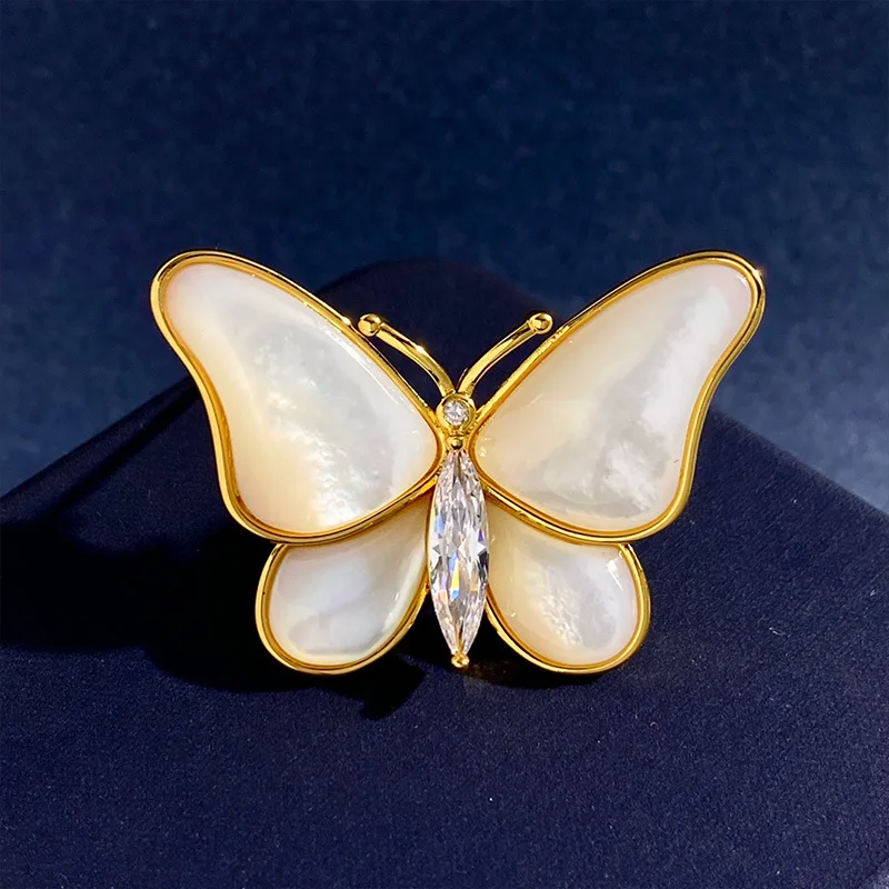 

High Quality Gold Color Natural White Shell Inlaid Horse Eye Diamond Butterfly Brooch For Fashion Women Jewelry LBR001