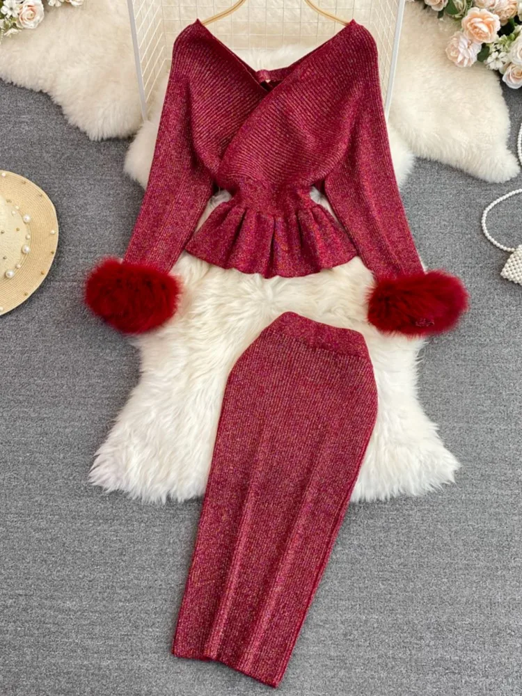 

Women Fashion Elegant Knitted Skirts Suit Feather Sleeve Sexy Cropped Sweater Bodycon Saya 2 Pieces Set Female Korean Clothes