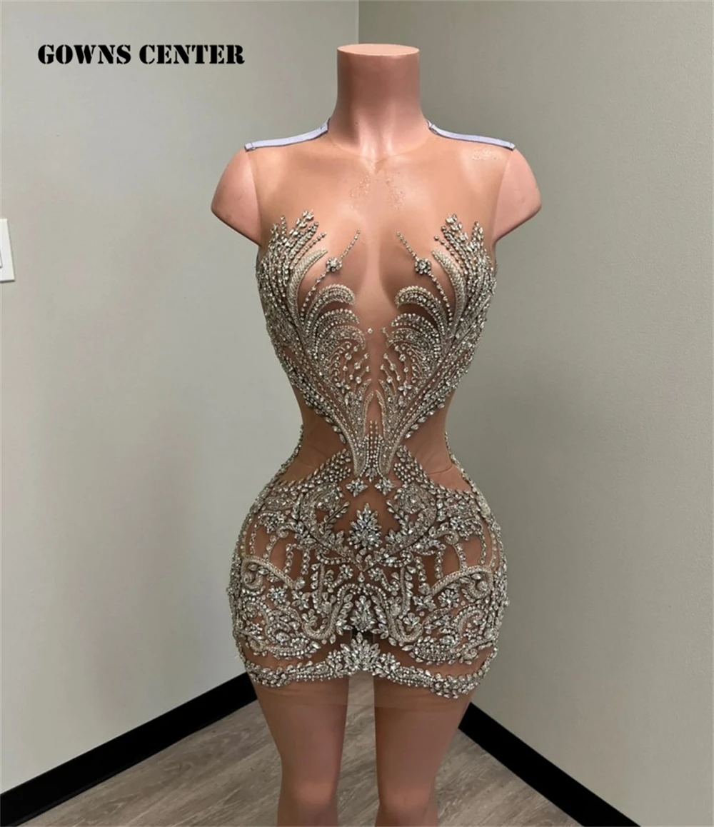 

Luxury Silver Short Prom Dress Birthday Party Dresses Mermaid Sexy Sheer See Through Black Girls Cocktail Gowns 2023 robe de bal
