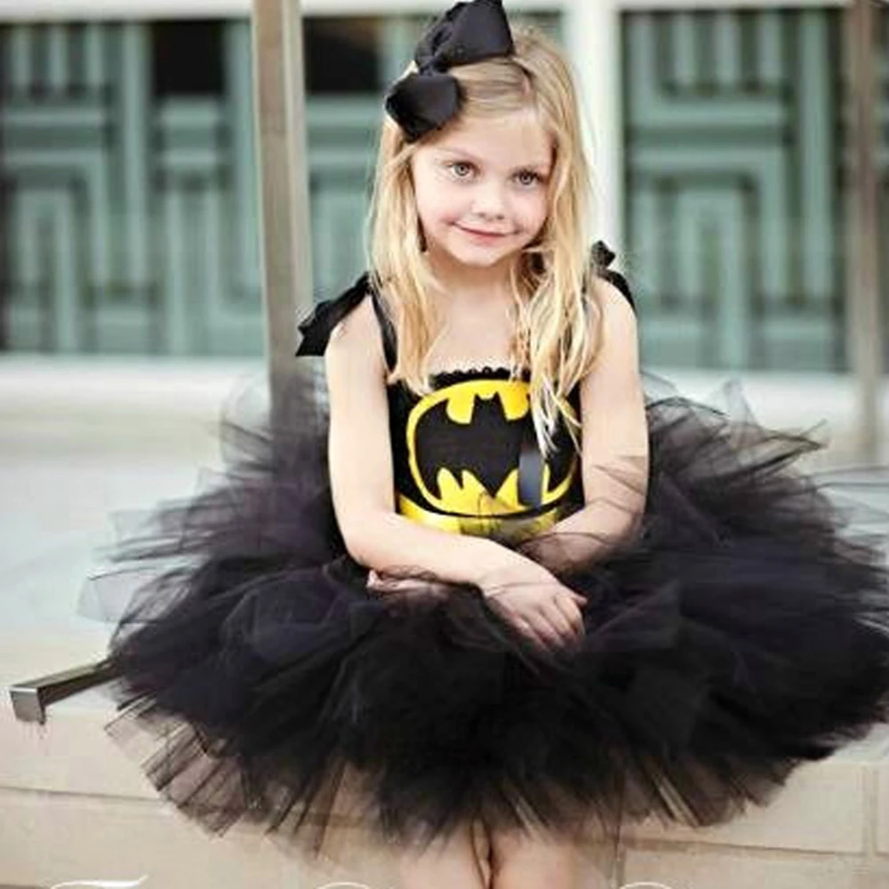 Black Superhero Kids Party Dresses Bat-Girl Halloween Costume Tutu Dress Girls Clothes Baby Birthday Outfit Carnival Fancy Dress
