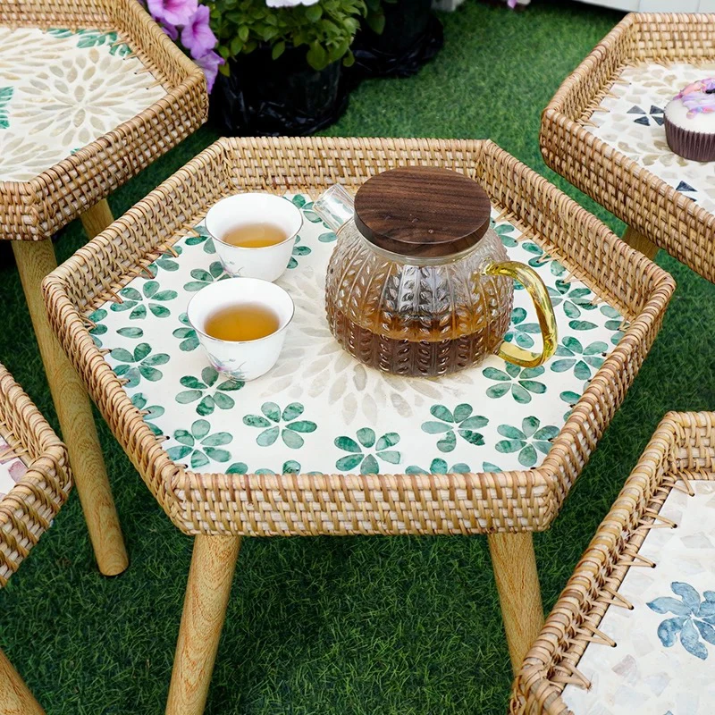 Кофейный столик из плетеной лозы чайный ракушек боковой для гостиной поднос