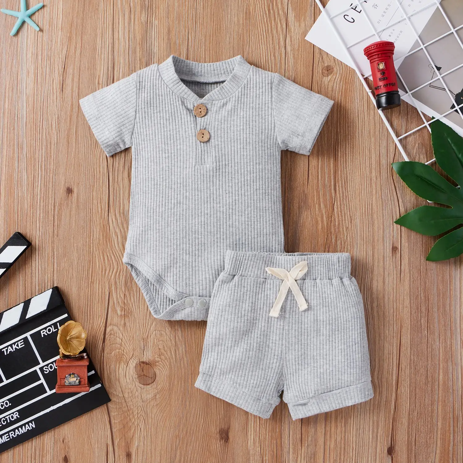 

Baby Boy Clothes Children Clothing Sets Toddler Solid Ribbed Short Sleeve Bodysuit + Shorts 2pcs Set Infant Casual Clothing