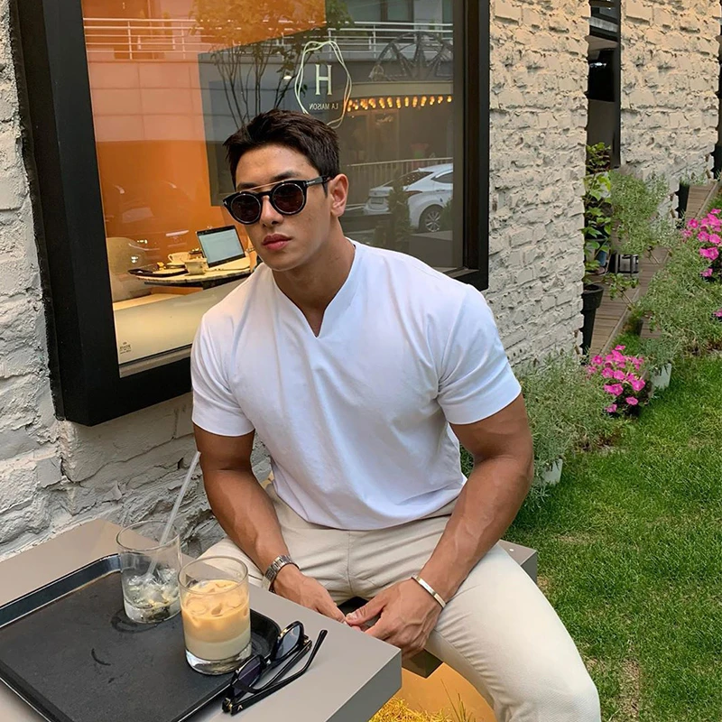 

6668ZL модная футболка с V-образным вырезом, Мужская облегающая футболка, Повседневная футболка Zomer для спортзала и фитнеса