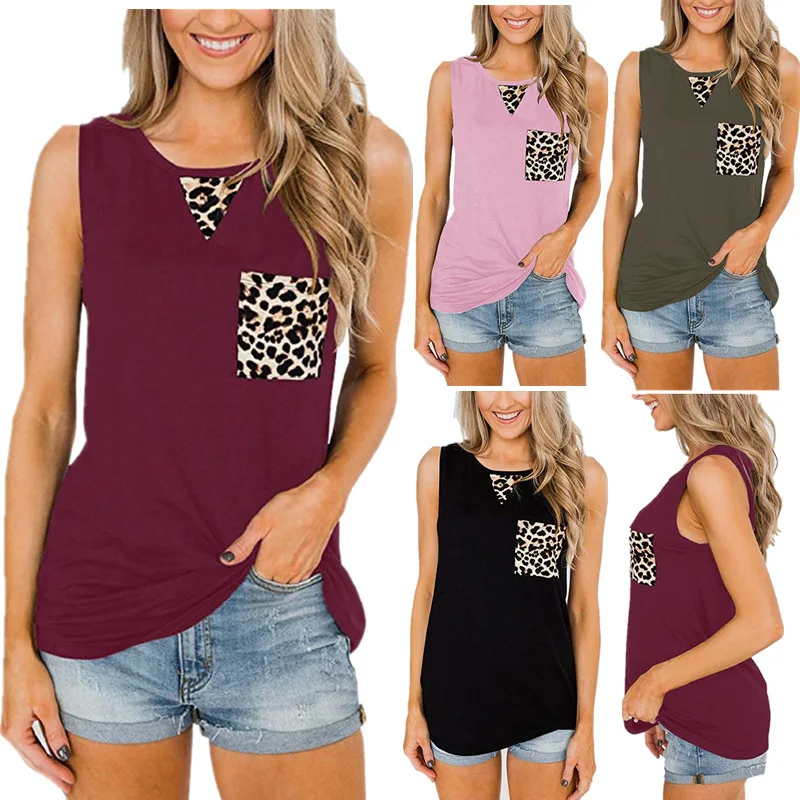 

Women T-shirt 2021 Spring Summer T-shirt New Round Neck Sleeveless T-shirt Stitching Pocket Leopard Vest T-shirt
