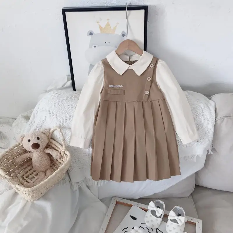 

Khaki Girls Dress 2022 Spring Children's Korean Version College Style Long Sleeve Lapel Button Pleated Boutique Princess Dress