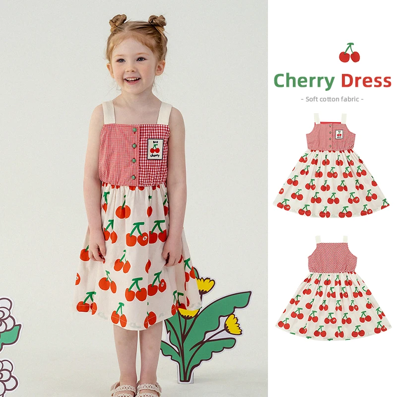 

Kids Clothes Girls Dress For 2023 New Summer PS Korean Baby Girl Cherry Printed Princess Dress Children's Clothings 2 To 8Years