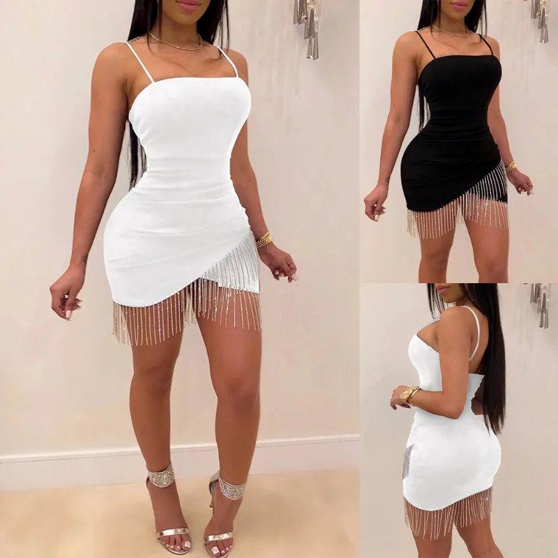 

Tassel Slim Fashion Bandage Bodycon Evening Party Club Wear Short Mini Dress Summer Sexy Spaghetti Strap