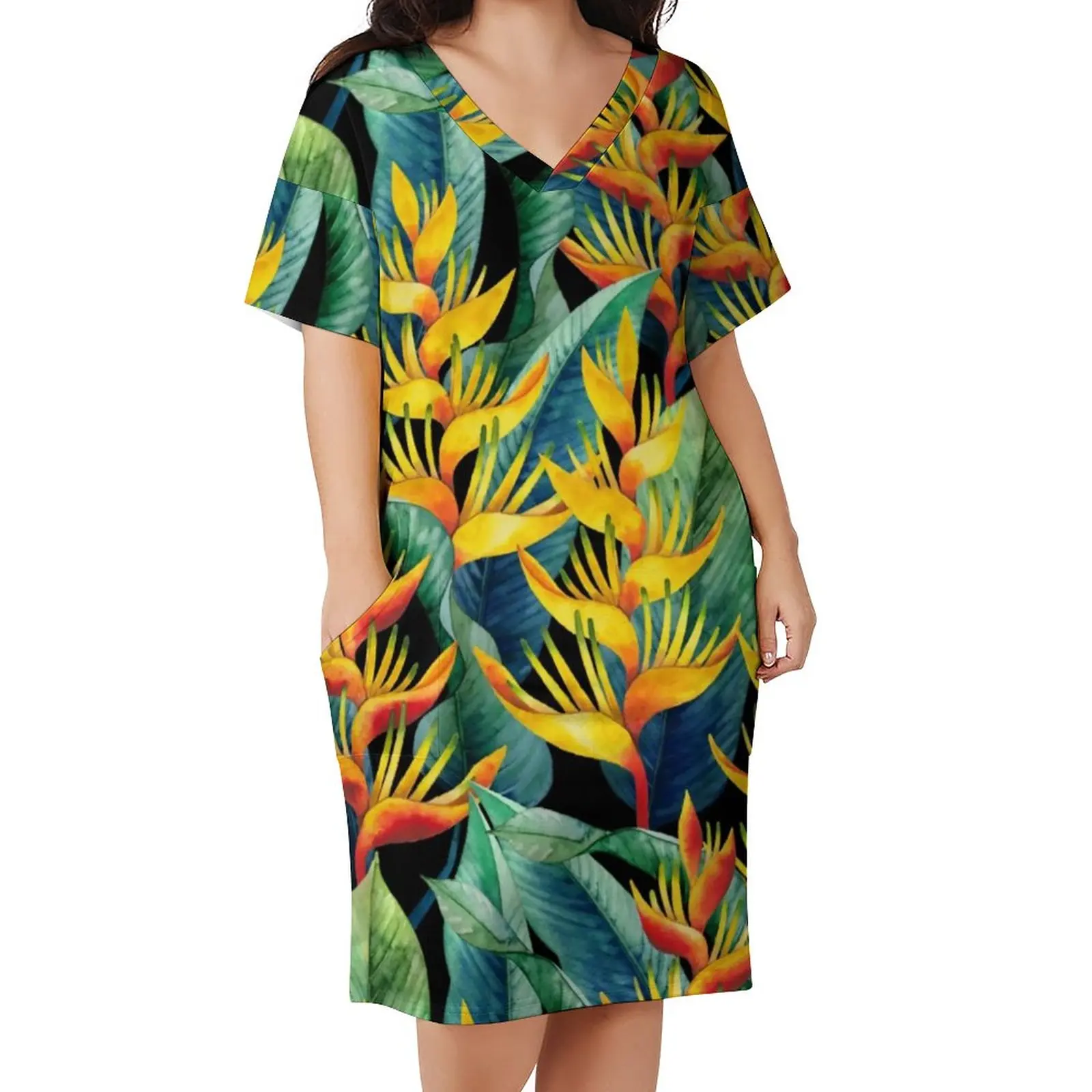 Tropical Floral Dress Short Sleeve Watercolor Heliconia Street Style Dresses Summer Modern Casual Dress Woman Plus Size Vestido