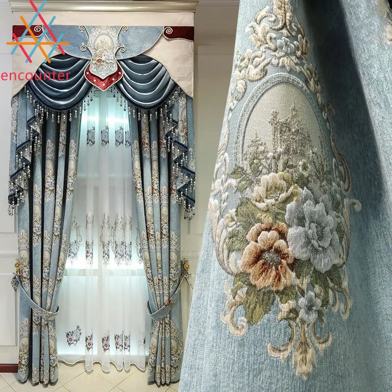 

European Style Curtains for Living Dining Room Bedroom Thickened Jacquard Curtain Finished Full Blackout Floor Customization
