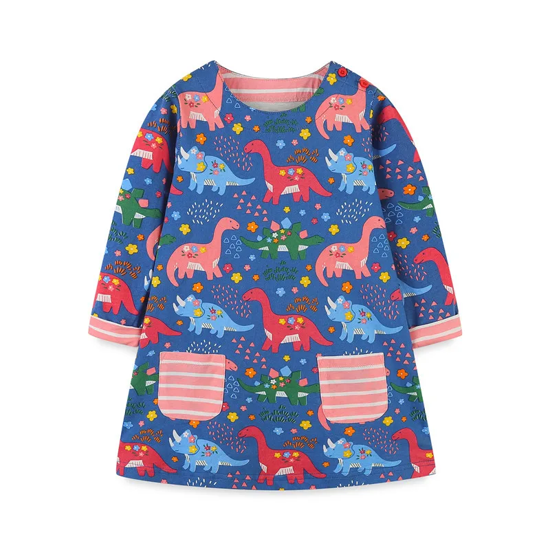 Jumping Meters New Arrival Children's Girls Dresses Cotton Dinosaurs Print Pockets Autumn Spring Princess Animals Toddler Dress