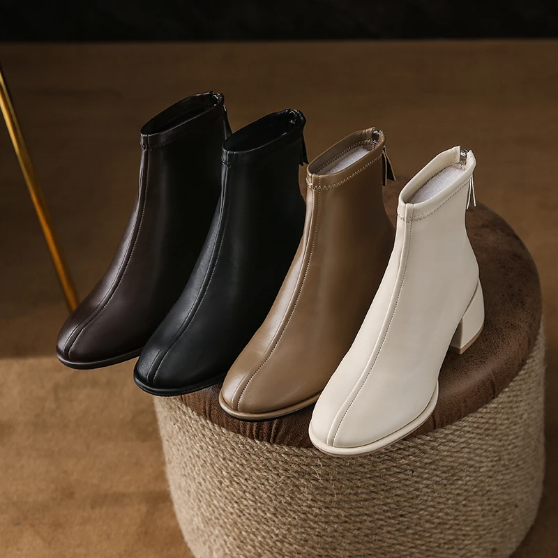 

Women's Beige 5cm High Heel Ankle Boots 2023 Winter Women's Square Head Chelsea Boots High-quality Short Boots Heels Women Shoes