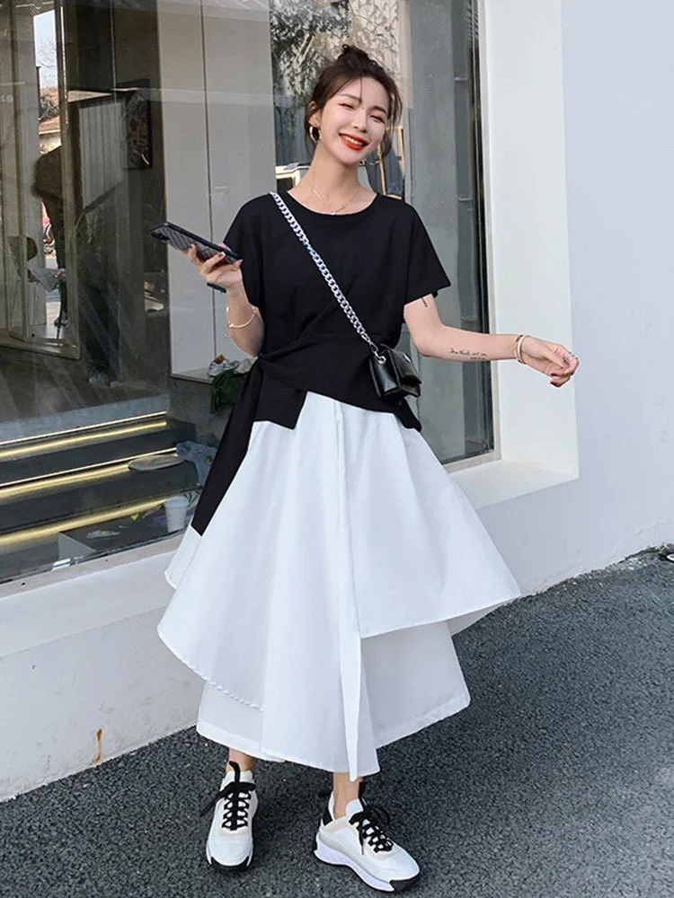 

Women Solid Color Two-piece Set Irregular Short Sleeve O-neck Tops Elastic Waist Skirt 2022 Summer Female Clothing B309