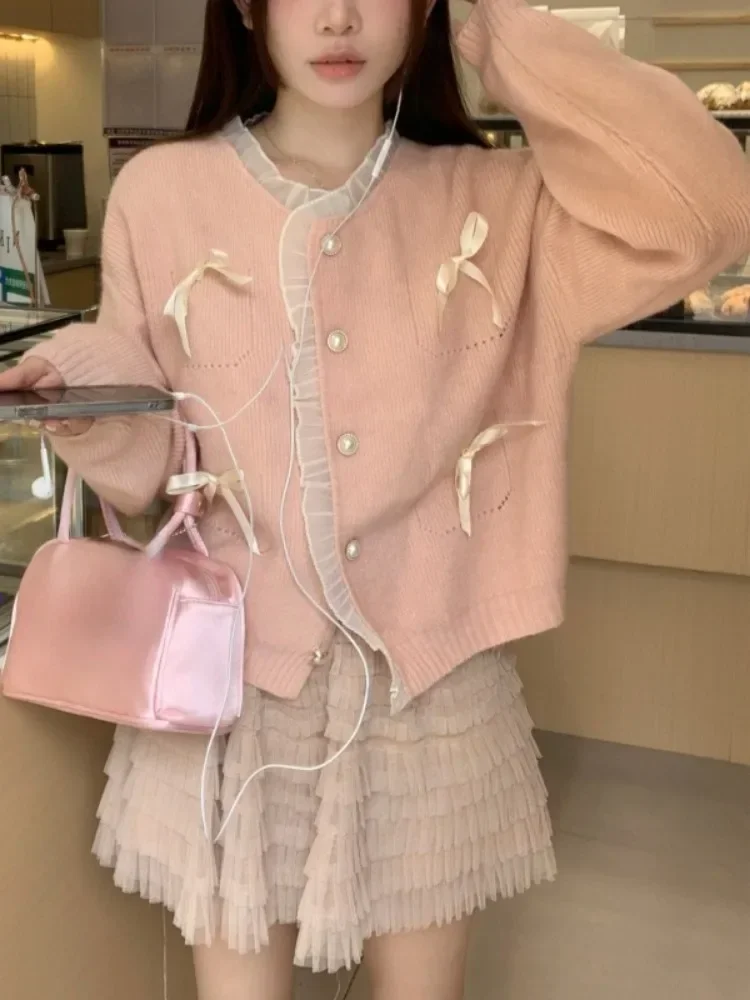 Корейский кружевной лоскутный укороченный кардиган Y2K модные свитера женский