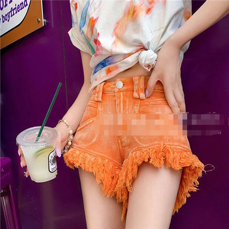 

Женские широкие брюки с высокой талией, джинсовые шорты с кисточками, оранжевые женские джинсовые шорты, женские летние шорты 2022