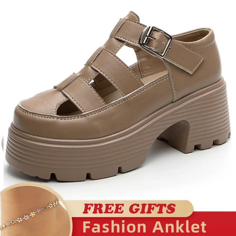 7cm Genuine Leather Women Shoes Platform Slippers Hollow Fashion Wedge Sandals Female Slip on Beach Summer Fashion Ladies Shoes