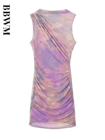 Print Tulle Dress Woman Folds Short Dresses for Women 2023 Stand Collar Sleeveless Dress Chic Female Summer Slim Mini Dress
