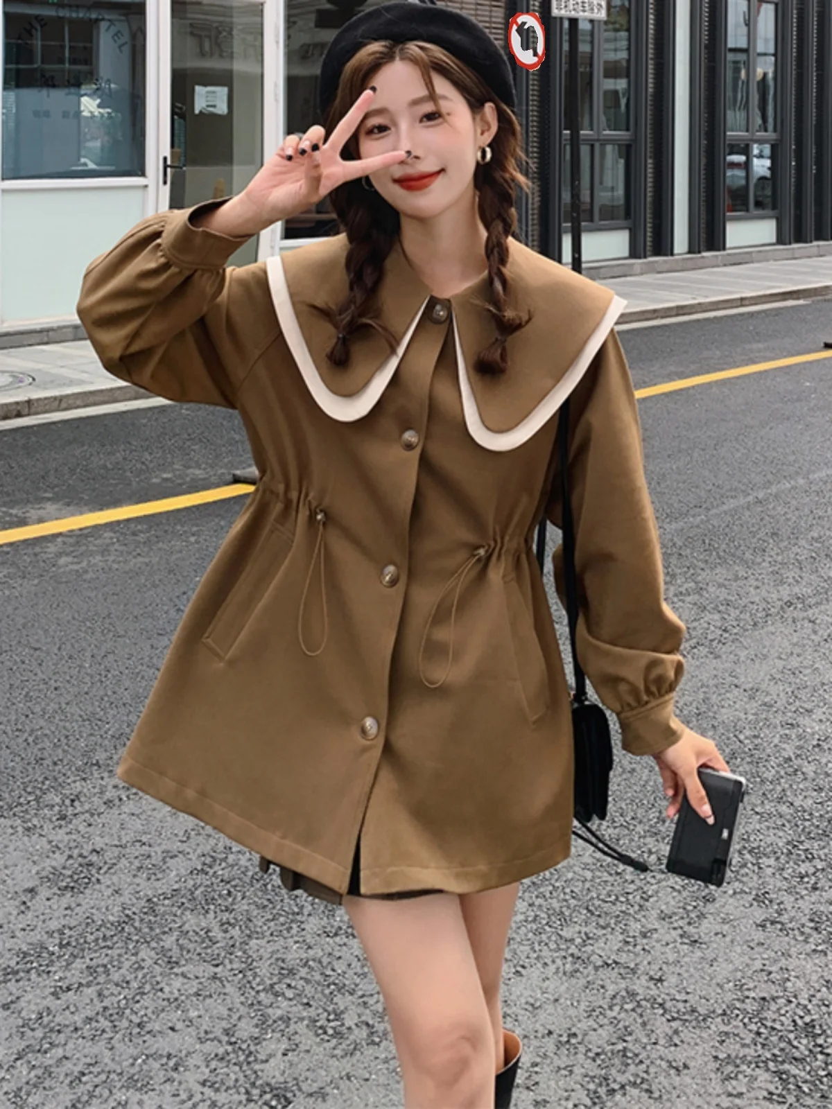 Тренч с кукольным воротником кофейного цвета верхняя одежда женское пальто