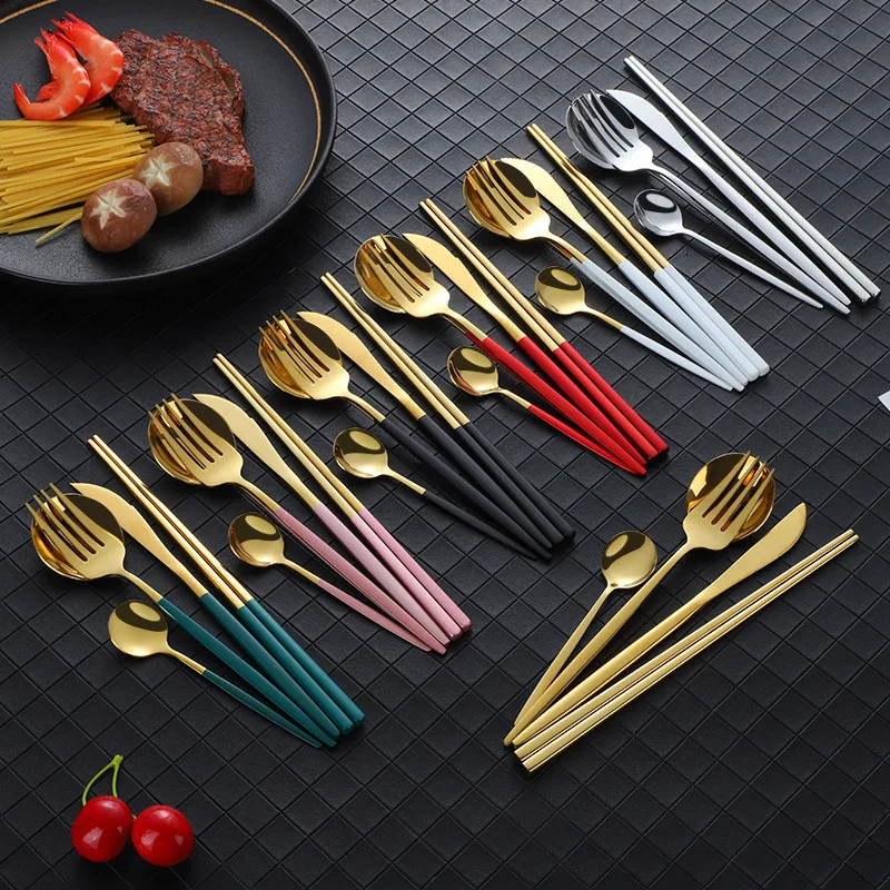 

304Stainless Steel Knife Fork Spoon Chopsticks Steak Travel Cutlery Box Set Portable Tableware Western Food Knife Fork Spoon Set