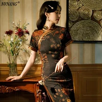 nvnang chinese cheongsam spring and autumn new black slim chinese wind ink flower collar fashionable dress