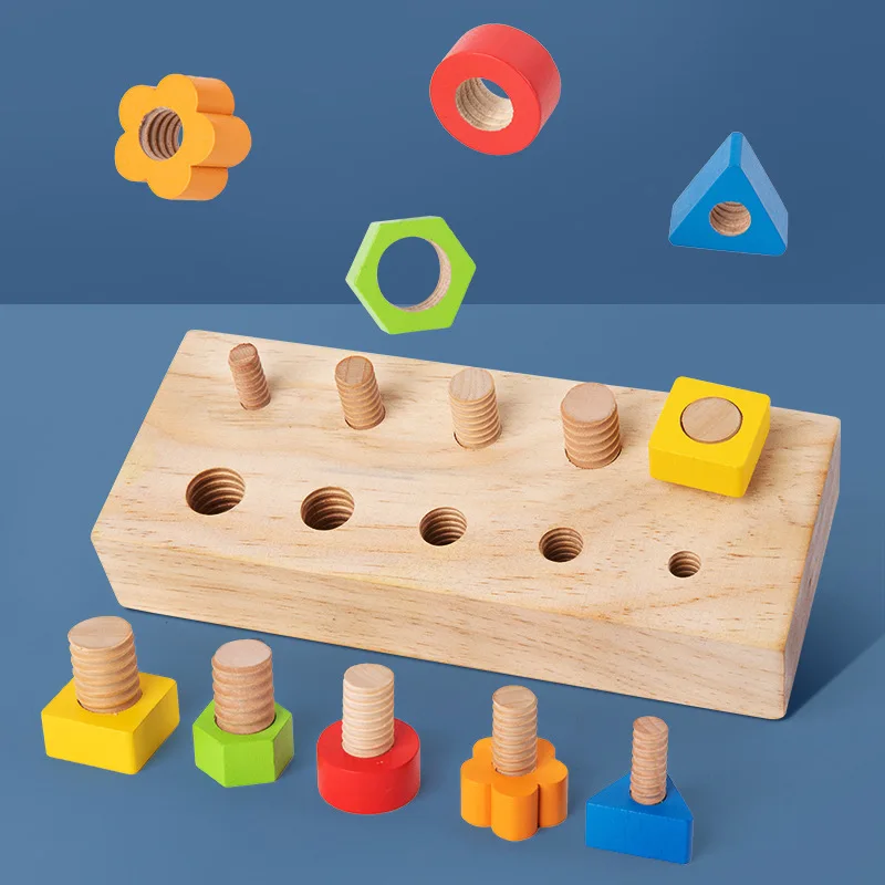 

Wooden Early Childhood Education Tighten The Screws Pile Fine Motor Nut Shape Color Cognition Toy Creative Birthday Gift For Kid