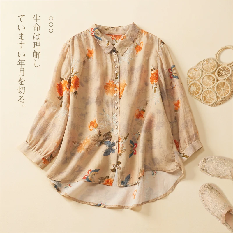 

Limiguyue Printing Ramie Shirt Elegant Lapel Neck Literary Loose Tops Women Summer Oversized Blouses Office Lady Vintage J410