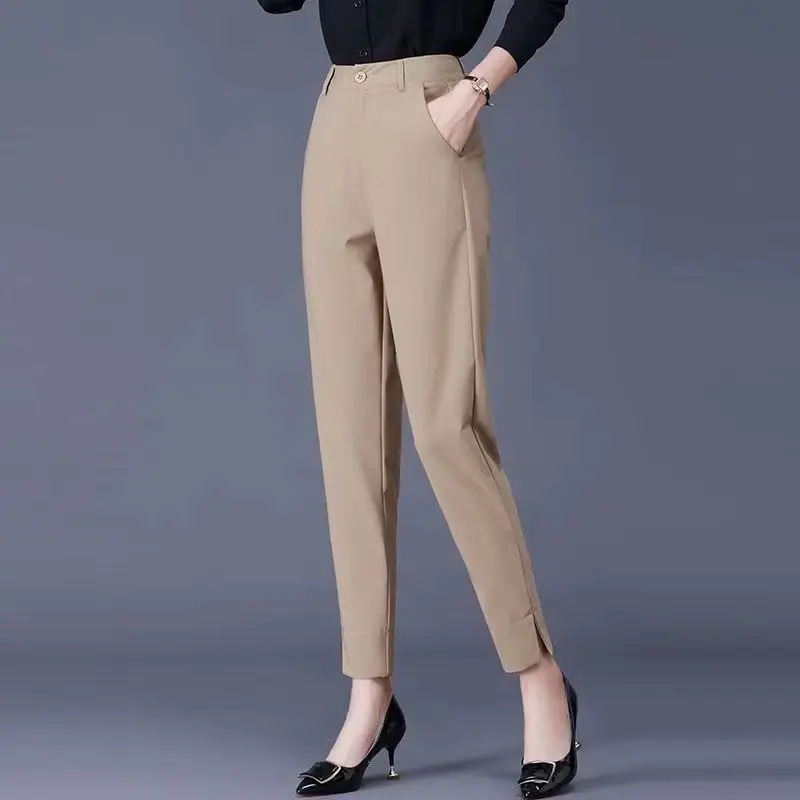 Office Lady Solid Fashion All-match New Straight Pants Button High Waist Pockets Slim Spring Summer Women Casual Pencil Trousers