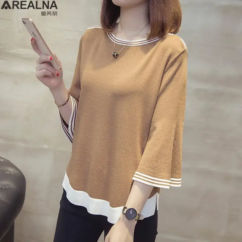 

Ice silk knitted T Shirt Women 2022 Summer 3/4 sleeve Loose striped splice Tees Casual T shirts pullover Tops camisetas de mujer