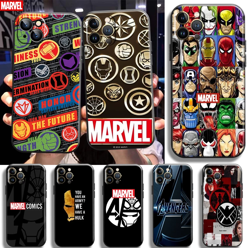 

Marvel Avengers Logo For Apple iPhone 13 12 11 Pro Max 13 12 Mini X XR XS Max 5 6 7 8 Plus Phone Case Liquid silicon Coque Funda