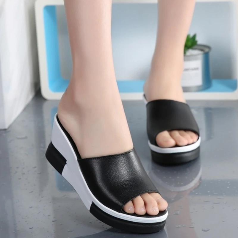 

Women Summer Wedge Slipper Fish Mouth Thick Bottom Wedges Slippers Casual High Heels Slippers Ladies Slanted Heel Sandals