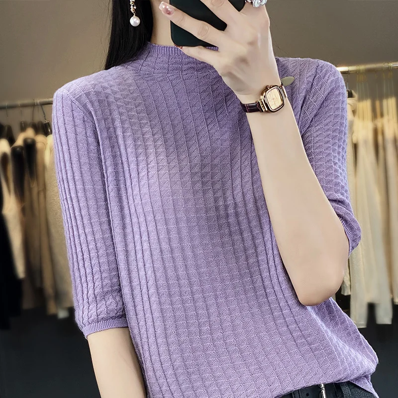 

Женский кашемировый свитер с коротким рукавом, Фиолетовый Тонкий кашемировый пуловер с воротником-стойкой, лето 2023