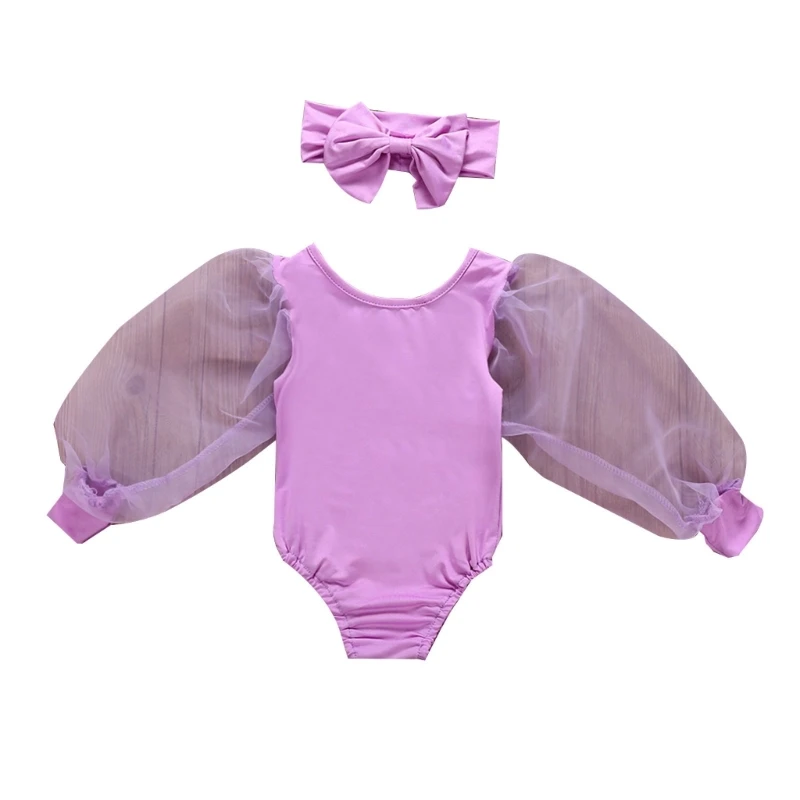 

Baby Girls Puff Sleeve Jumpsuit & Bowtie Hairband Fashion Bodysuit Party Costume Pilling Resistant Infant Girl Wholesale