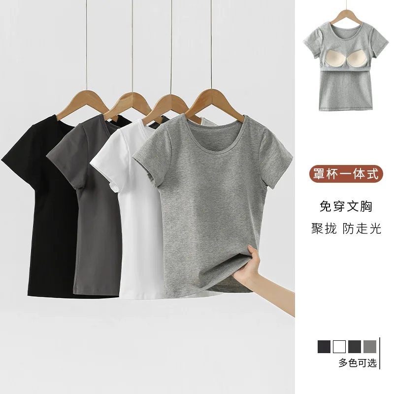 

Yoga Integrated Chest Pad Short-sleeved Top with A Base To Wear A Bra T-shirt Casual with A Round Neck Underwear Cotton Woman