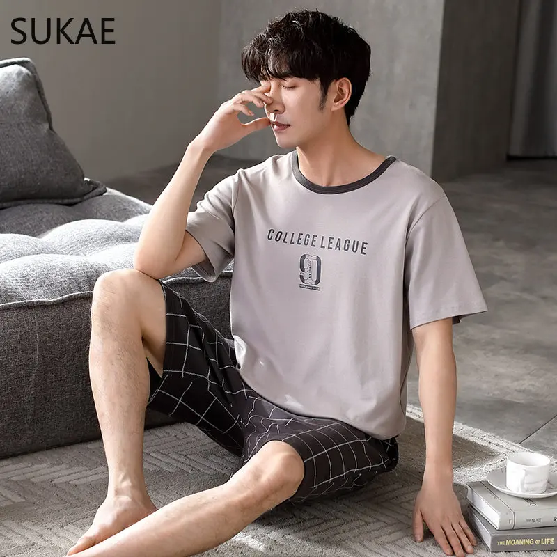SUKAE L-4XL Summer Shorts for Men Cotton Sleepwear Soccer Printing Pajamas Set Causal Pyjama Boy Loungewear Leisure Male Pijamas