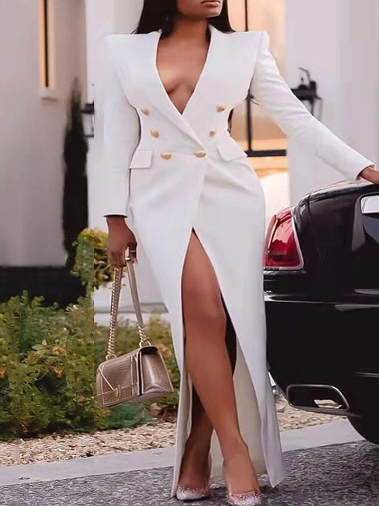 

Dress Suits for Women Long Blazer Dress White Long Sleeve Buttons Wrap Maxi Jacket Coat Elegant Fashion Ladies Large Size Party