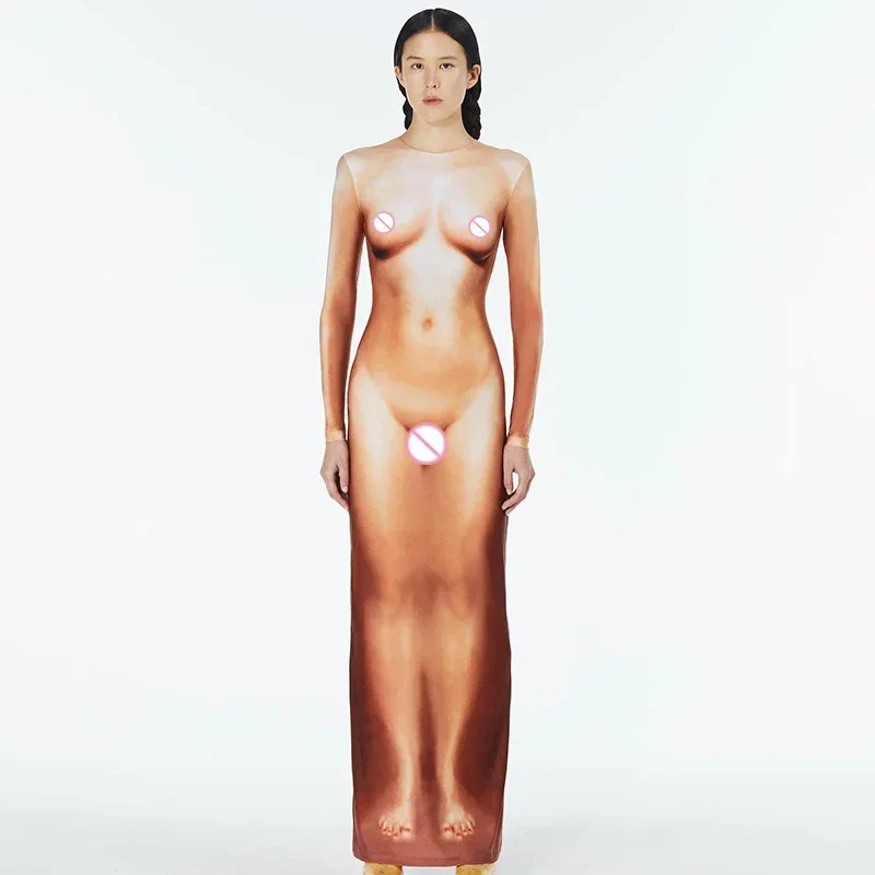 BWQ Y2K женское платье-макси с 3D-принтом длинным рукавом