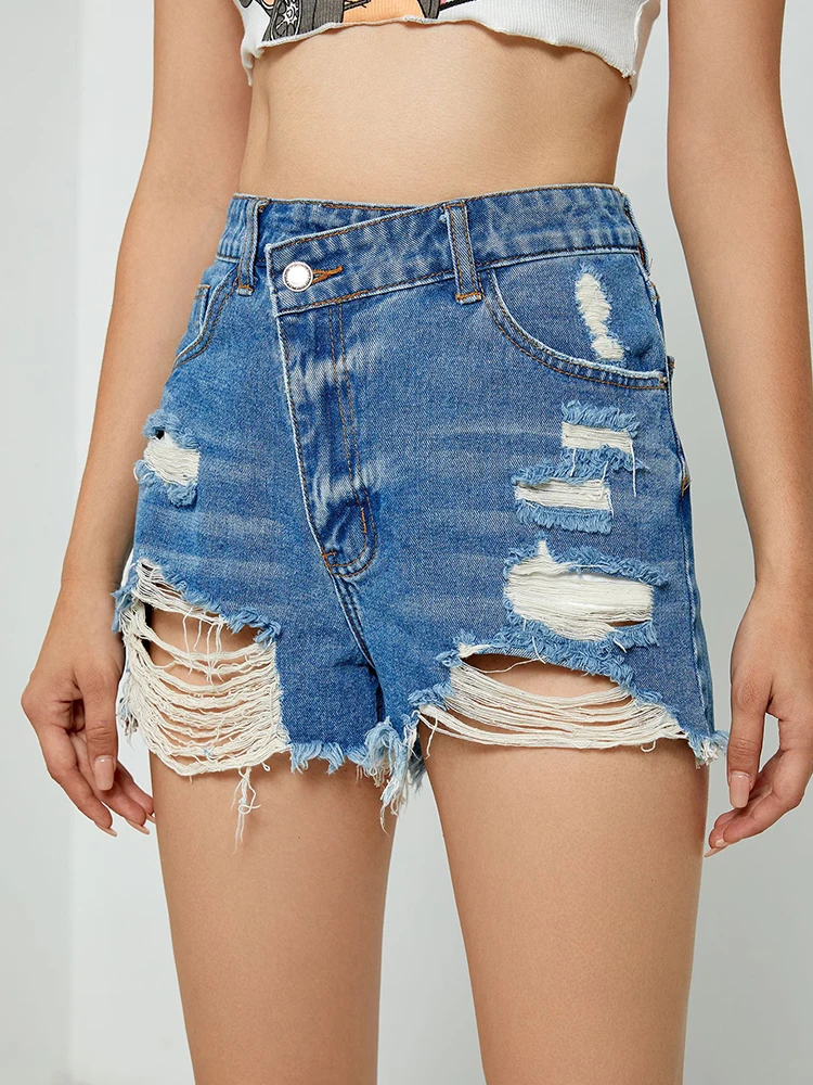 Streetwear Women High Waist Hole Frayed Retro Blue Denim Shorts Summer Female Button Irregular Jeans Shorts Bottoms
