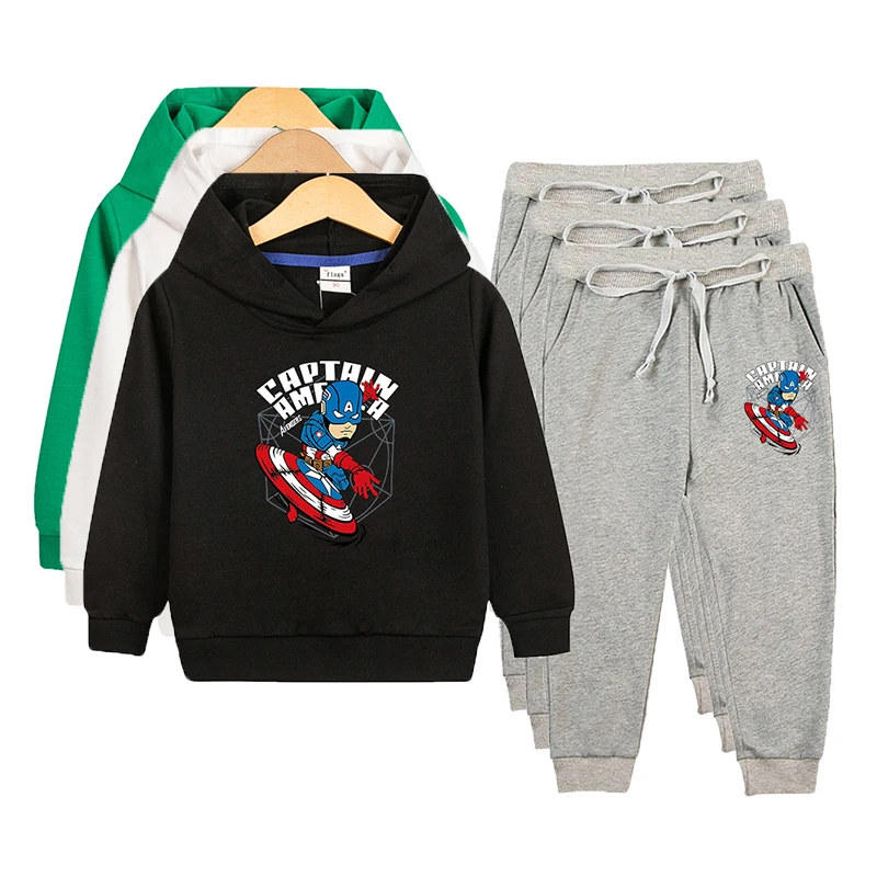 Captain America Clothes Set for Boys Girls Spring Autumn Hooded Sweatshirt with Trousers 2 Piece Suit 2-10Y Children Outfits