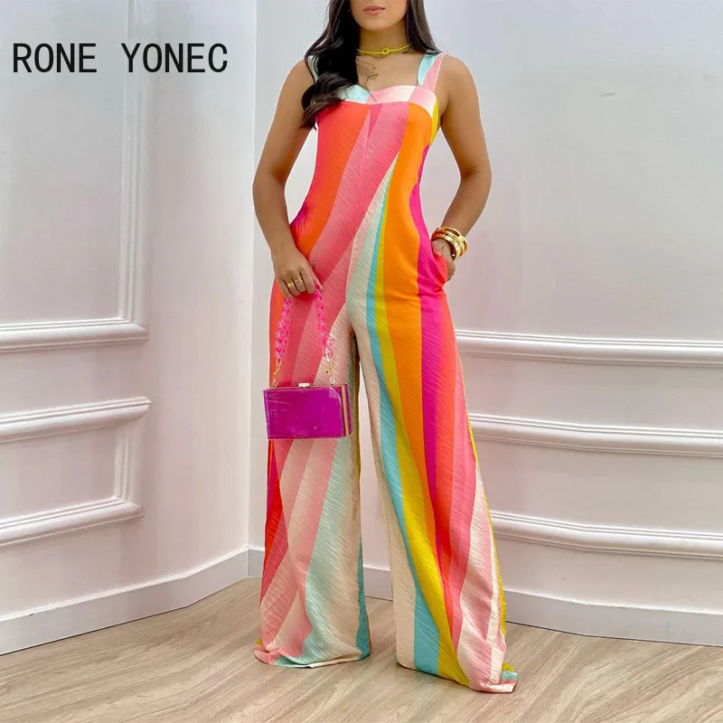 

Women Casual Colorful Pattern Elegant Tank Sleeveless Button Pocket Wide Leg Jumpsuit