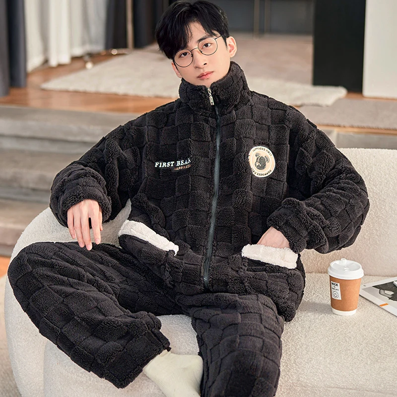 QUHENG Coral Fleece Pajamas Men Set Thicken Warm Autumn Winter Letter Zipper Home Clothes Suits Thick Warm Pijamas Sleepwear