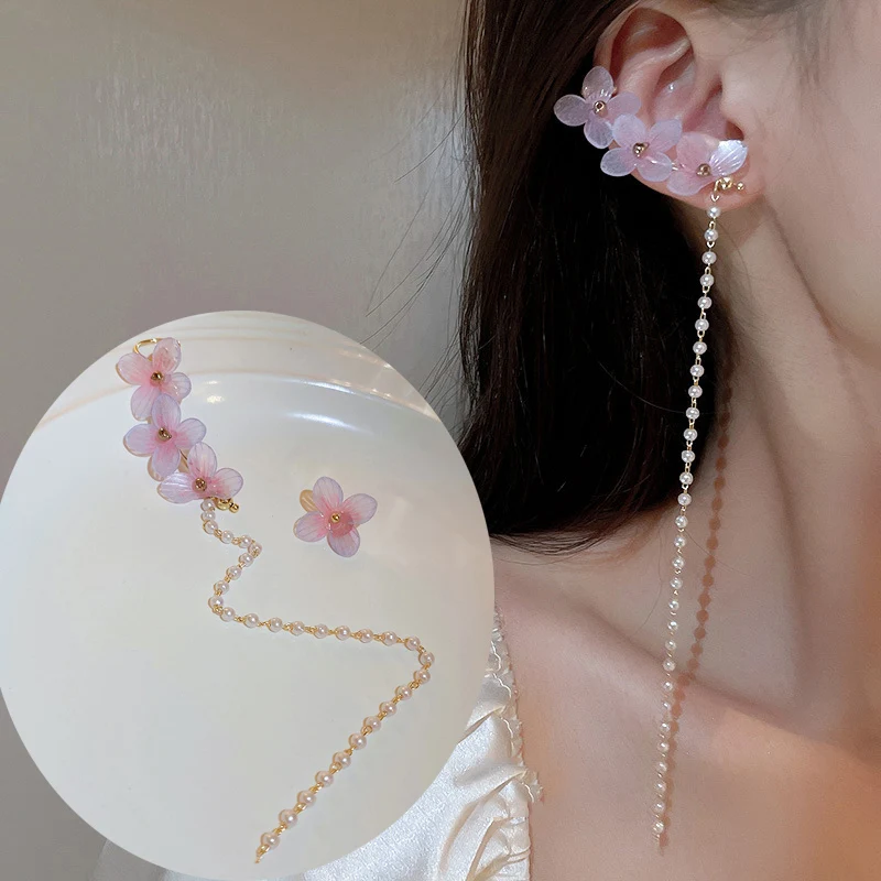 

Asymmetrical super fairy flower pearl tassel Japanese and Korean fashion design earrings