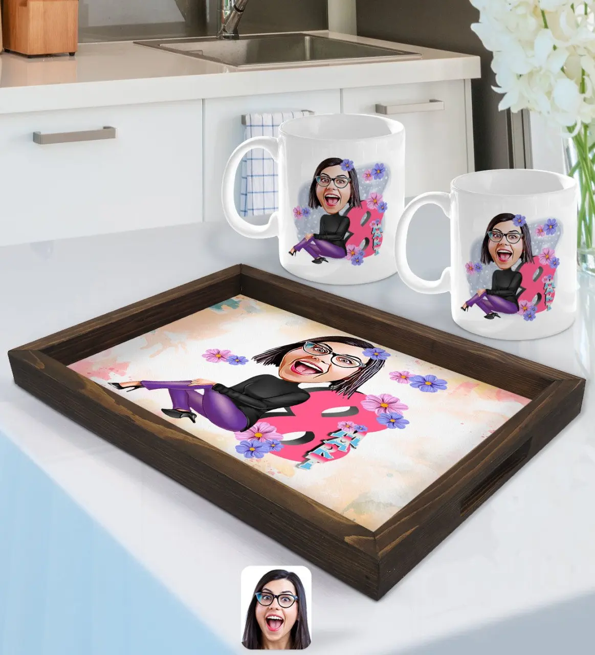 

Персонализированная Женская дневная карикатура поднос из натурального дерева и 2gang Cup Seti-1