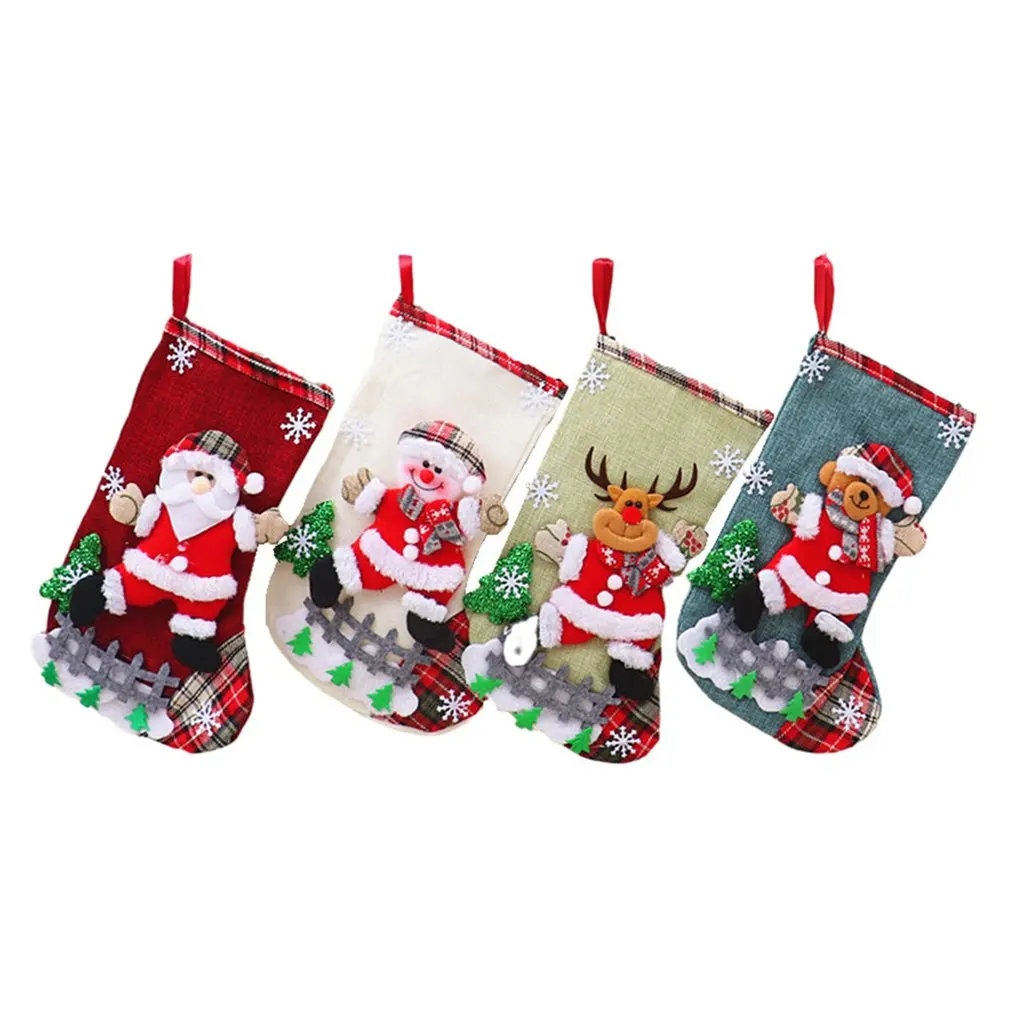 

4PCS/SET Christmas Stockings Socks With Snowman Santa Elk Bear Xmas Candy Gift Bag Fireplace Xmas Tree Decoration New Year