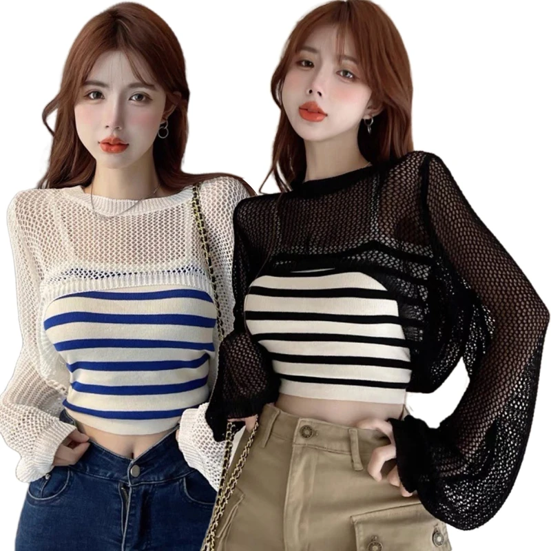 

Women Summer 2 Pieces Outfit Set Hollow Out Knit Long Sleeve Sun Protection Mesh Cover Up with Striped Camisole Crop Top L21E