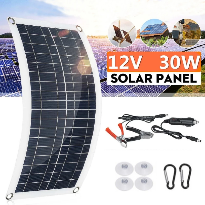

30W Solar Panel Complete Kit 12V USB Charging Solar Cell Power Portable Outdoor Polysilicon Camp Hiking Travel Phone RV Car MP3