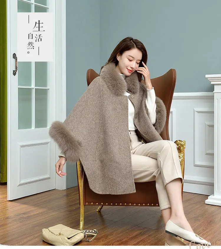 Enlarge 2022 New Fashion Fur Coat Shawl Women's Autumn Winter Fox Fur Collar Slim Wool Coat Shawl Cloak