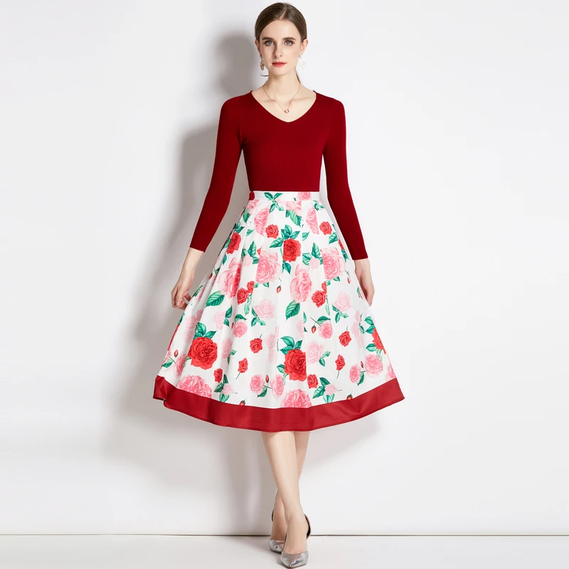 

French Retro Fall Winter Women Knitted 2 Piece Sets Fashion Flower Print Pleated Mid Skirt + Wine Red Sweater Two Piece Sets