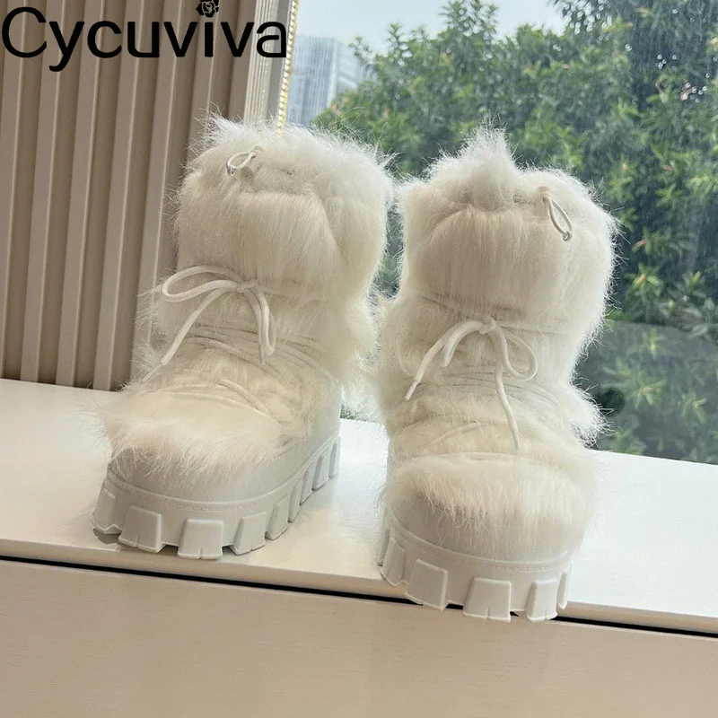 

Женские сапоги на толстой подошве, белые сапоги до середины икры с натуральным мехом, без застежки, на платформе, Повседневная подиумная зимняя обувь Челси для женщин