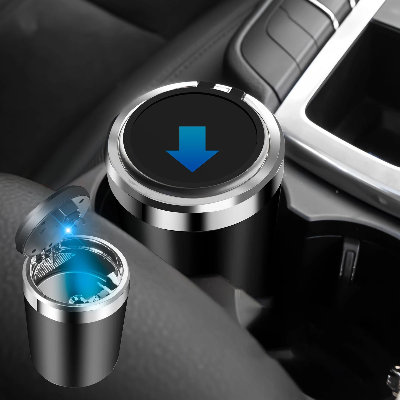 

New Car Ashtray LED Light Stainless Steel Ash Tray Universal Car Ashtray With Lid Cup Holder Box Storage Container Car Supplies